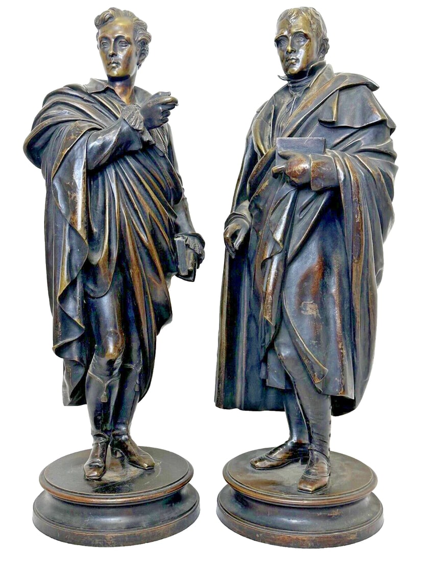 Pair Victorian Bronzes Novelist Poets Lord Byron & Sir Walter Scott Sculptures (1 of 20)