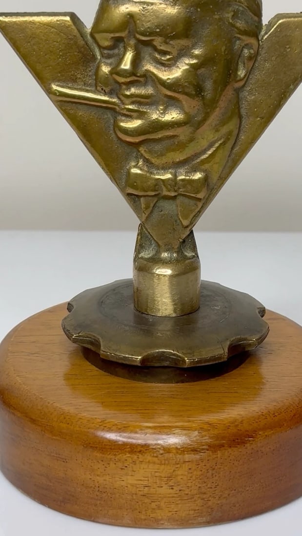 Historic WW2 Small Winston Churchill V For Victory Bronze Car Mascot Sculpture - 2