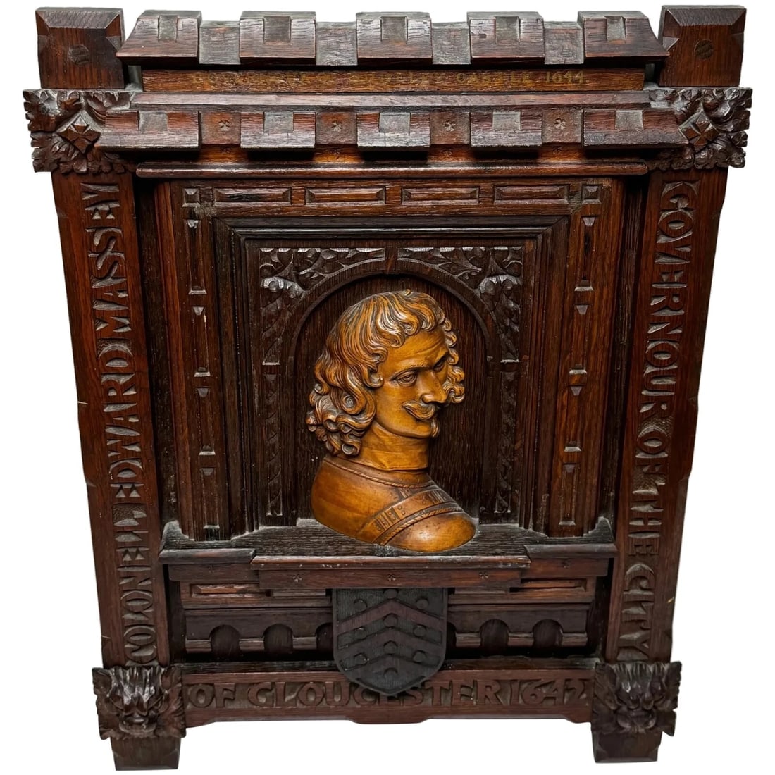 Sir Edward Massey City Governor Gloucester In Manner Of Sir George Gilbert Scott: Title: Sir Edward Massey City Governor Gloucester In Manner Of Sir George Gilbert Scott Description: Fine Carved Oak & Fruitwood Wall Plaque – Colonel Sir Edward Massey, Governor of Gloucester 1642