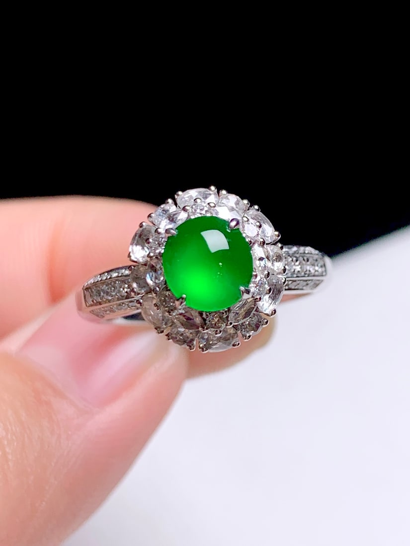 18K gold diamond-set natural jade ring - 2
