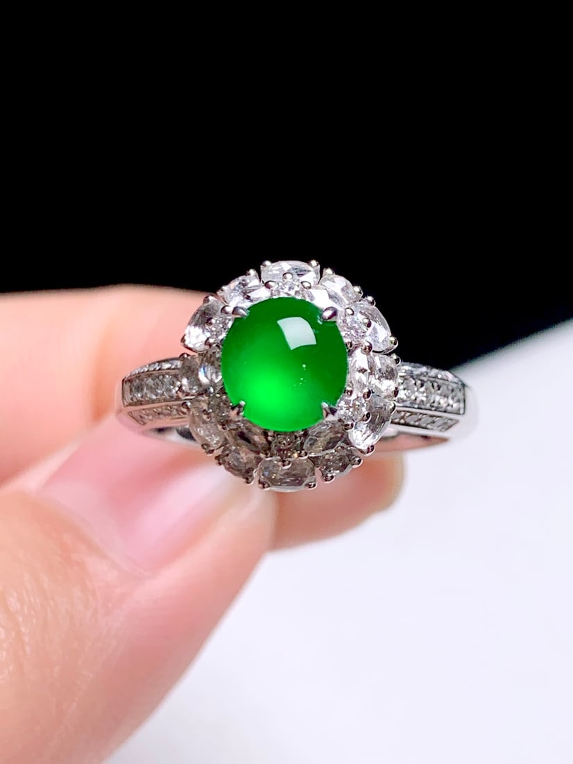 18K gold diamond-set natural jade ring - 5