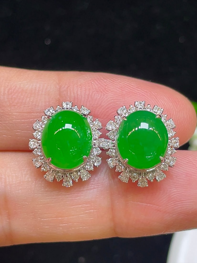 18k gold diamond inlaid natural jade earrings - 3