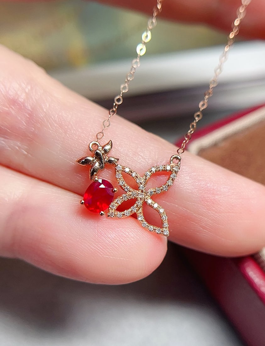 18K gold natural ruby collarbone chain necklace - 3