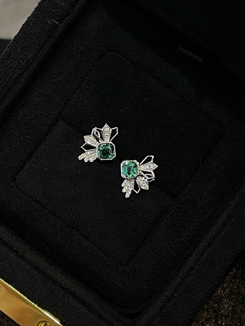 18K gold diamond and aquamarine stud earrings - 2