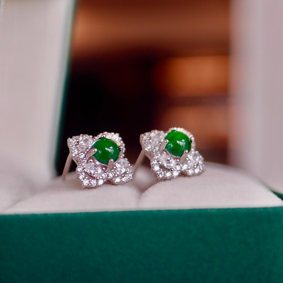 S925 silver natural jade four-leaf clover earrings - 2