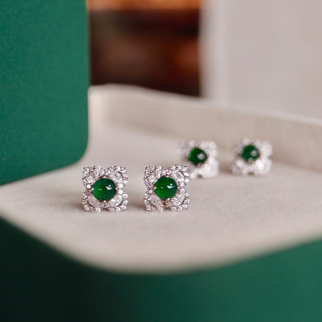 S925 silver natural jade four-leaf clover earrings - 4