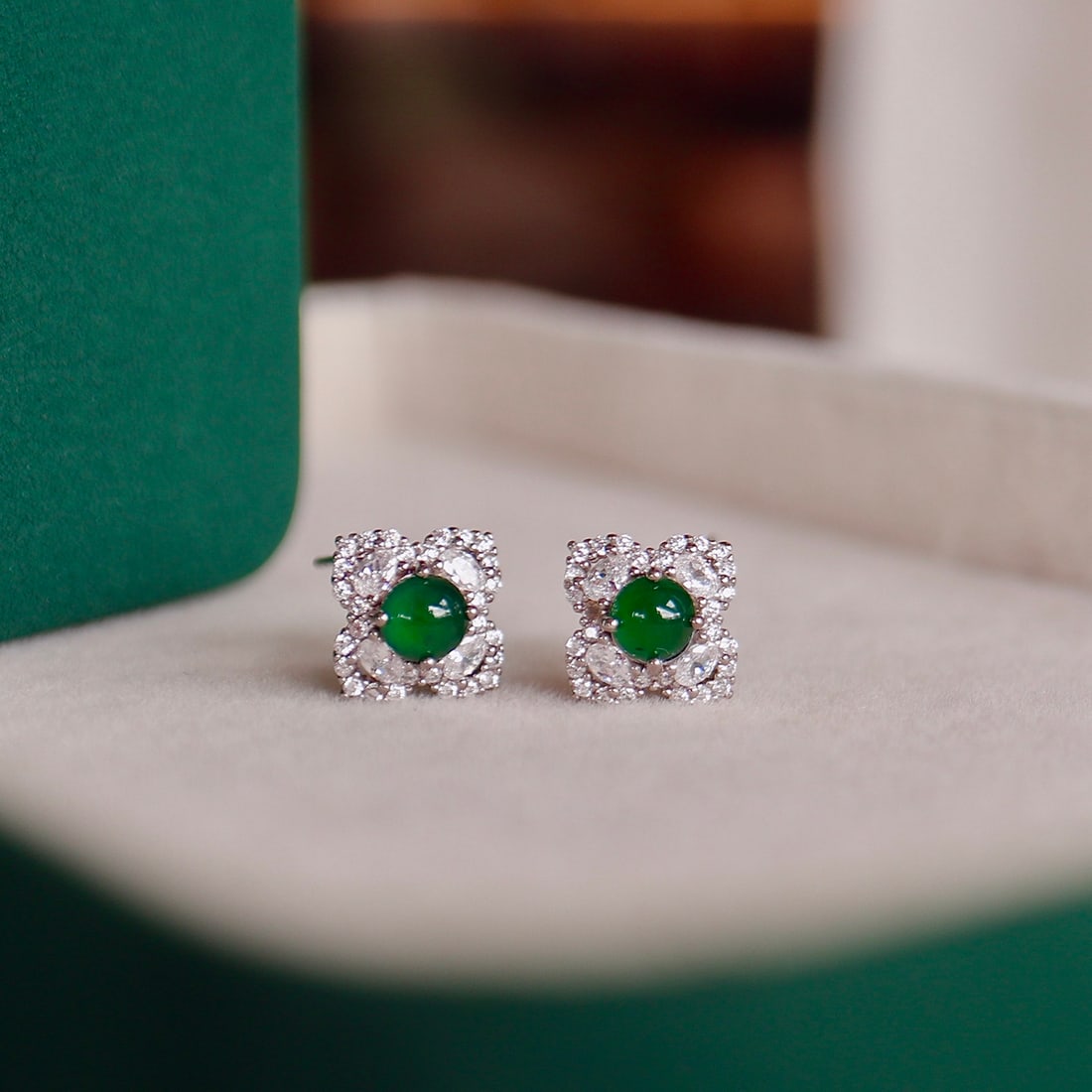 S925 silver natural jade four-leaf clover earrings - 5