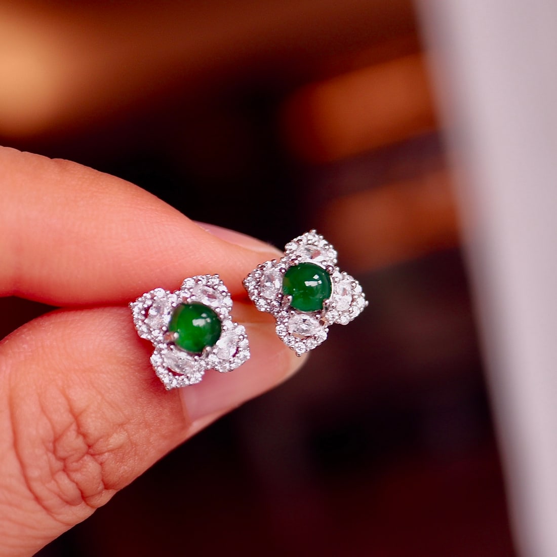 S925 silver natural jade four-leaf clover earrings - 6