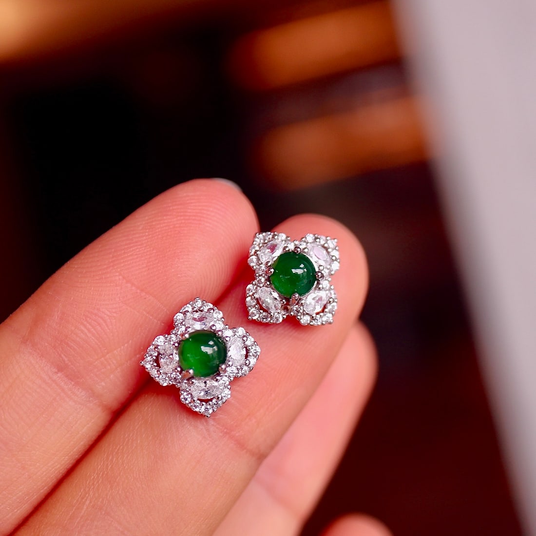 S925 silver natural jade four-leaf clover earrings - 7