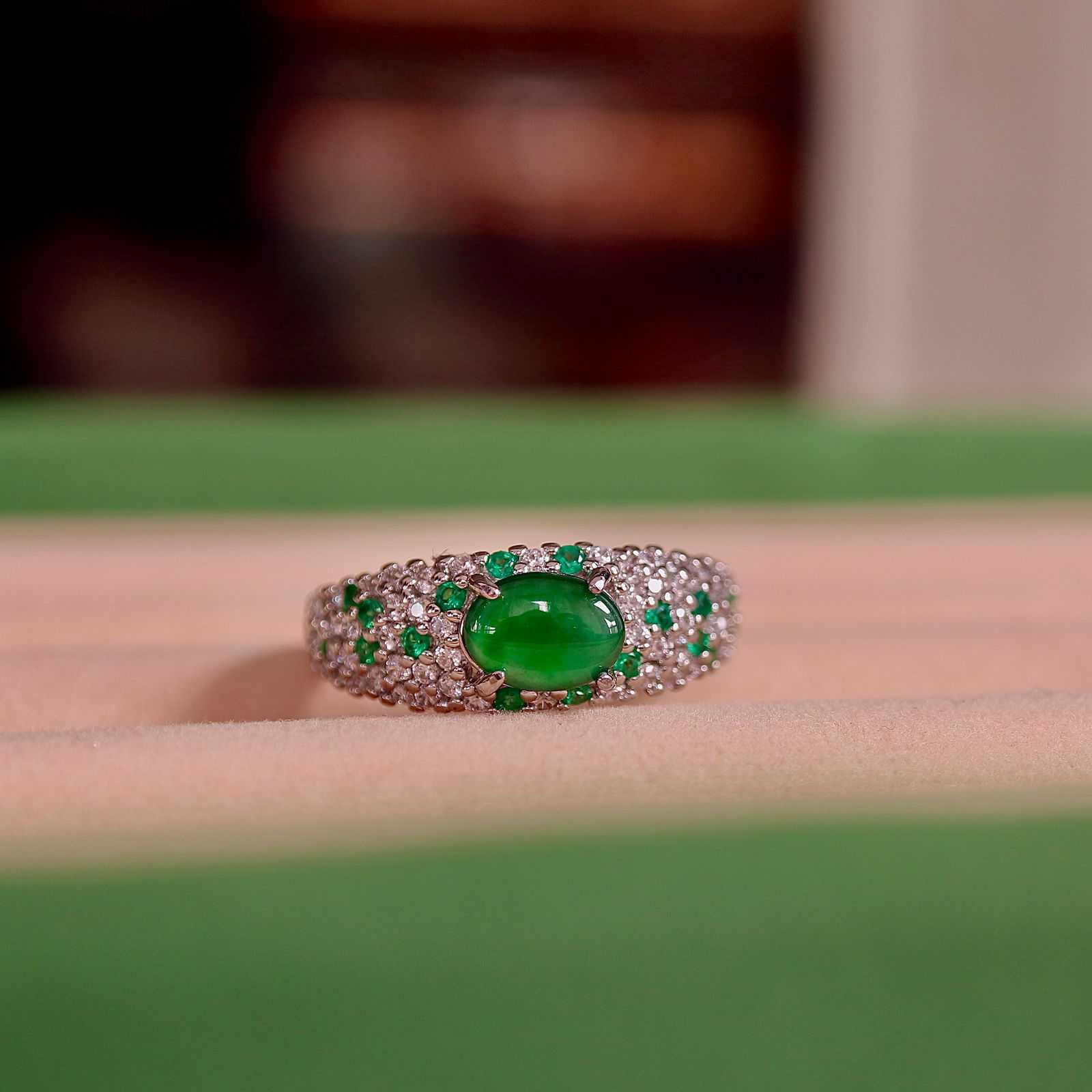 Natural Jade Ring: Title: Natural Jade Ring Description: This ring showcases exquisite jewelry craftsmanship, set with a natural jadeite. With a full green color, excellent quality, and good water head. The simple yet e