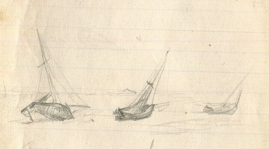 Maritime Landscape, Boats, Seascape - Drawing Vintage Pencil Original: Title: Maritime Landscape, Boats, Seascape - Drawing Vintage Pencil Original Description: Vintage Pencil Drawing of Maritime Landscape with Boats Ink on paper 9,5 x 15 cm stains, folds Reserve: $30.00