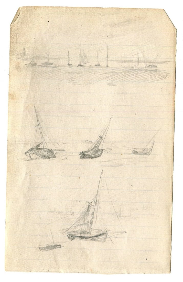 Maritime Landscape, Boats, Seascape - Drawing Vintage Pencil Original - 2