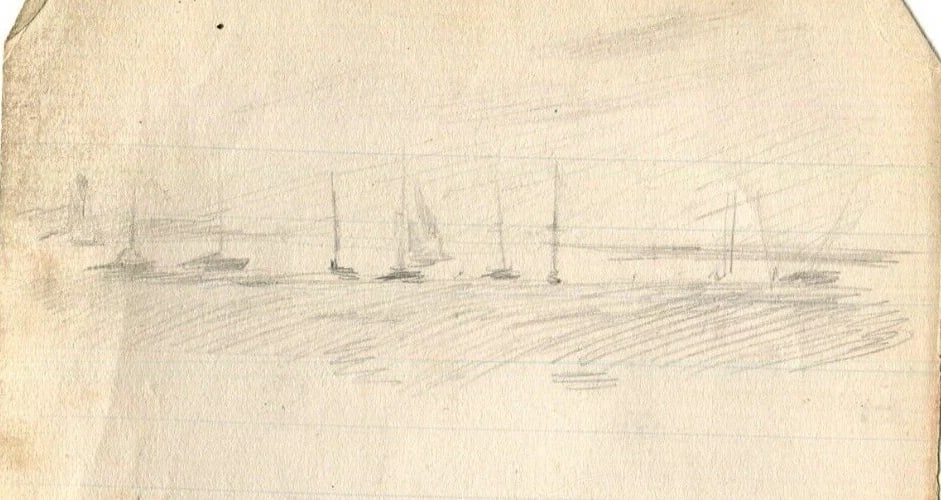 Maritime Landscape, Boats, Seascape - Drawing Vintage Pencil Original - 4