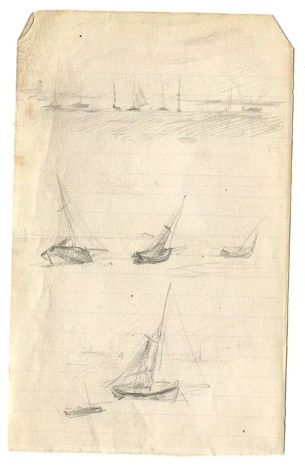 Maritime Landscape, Boats, Seascape - Drawing Vintage Pencil Original - 5