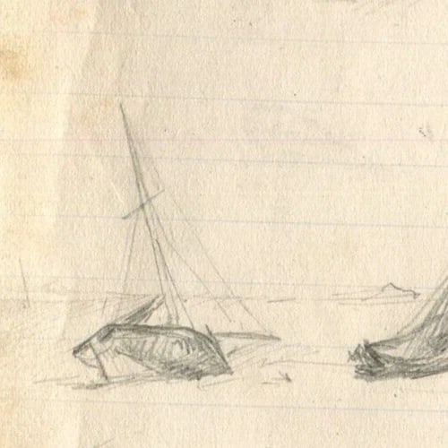 Maritime Landscape, Boats, Seascape - Drawing Vintage Pencil Original - 6