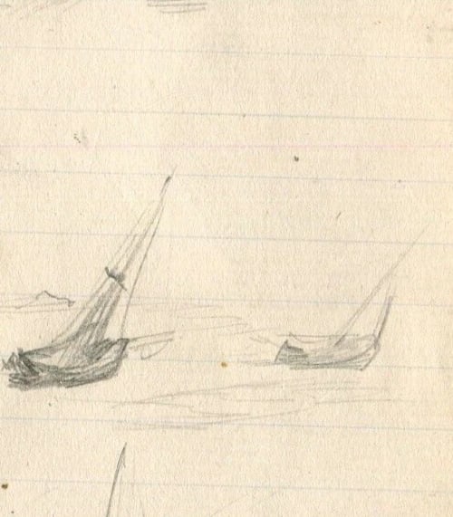 Maritime Landscape, Boats, Seascape - Drawing Vintage Pencil Original - 7
