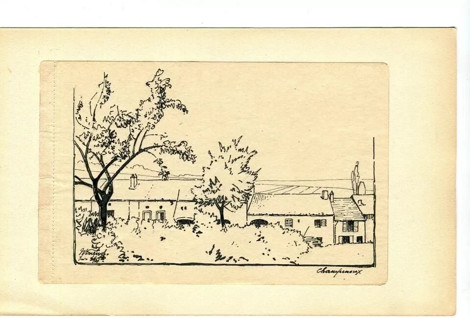 Vintage Ink Original Drawing signed Champenoux, Houses and Trees - 7