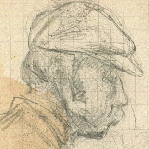 Vintage Pencil Original Drawing signed Portrait Man, Beret - 3