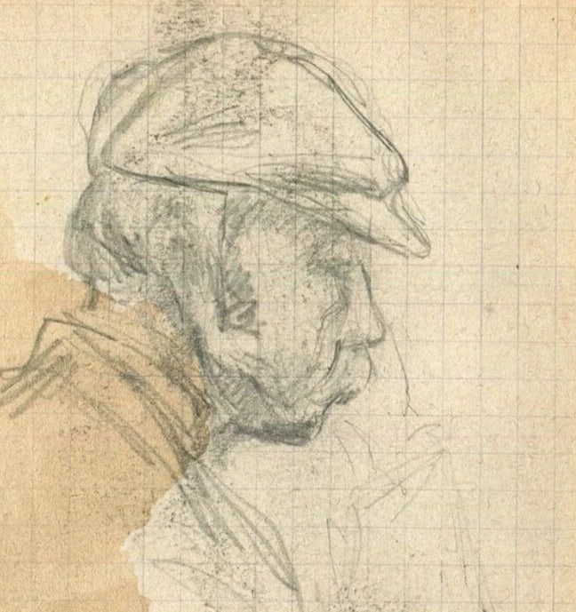 Vintage Pencil Original Drawing signed Portrait Man, Beret - 4