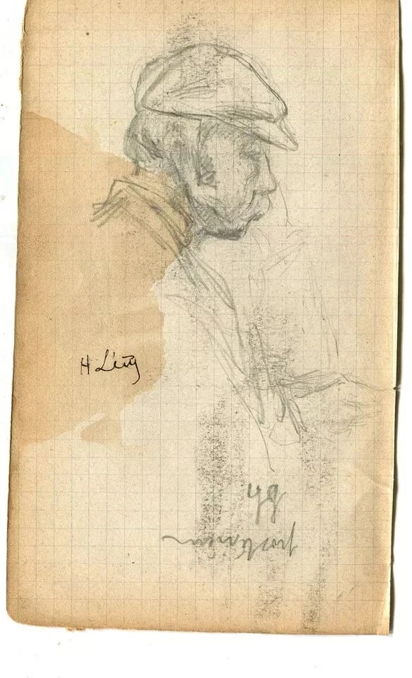 Vintage Pencil Original Drawing signed Portrait Man, Beret - 5