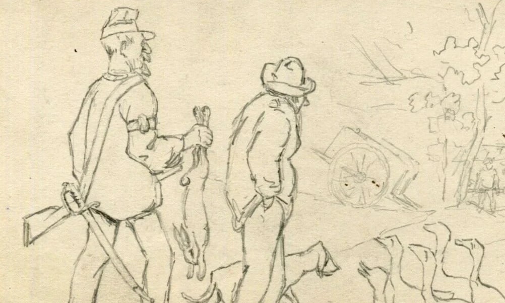 Men Hutting, People, Ducks, Rabbit - Drawing Vintage Original Pencil Artwork (1 of 8)