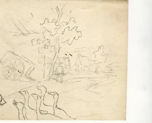 Men Hutting, People, Ducks, Rabbit - Drawing Vintage Original Pencil Artwork - 6