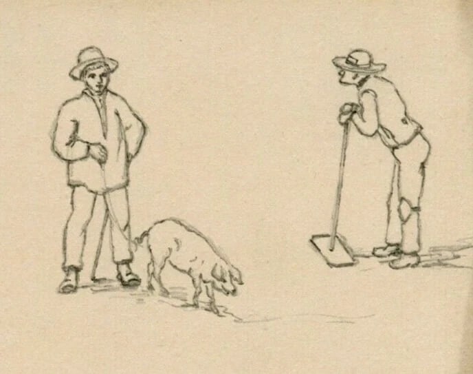 Couple Portrait, Man with Pig - Drawing Vintage Pencil Original: Title: Couple Portrait, Man with Pig - Drawing Vintage Pencil Original Description: Vintage Pencil Drawing Couple Portrait, Man with Pig Ink on paper 10 x 16 cm / 3.93 x 6.29 inches folds, stains Rese