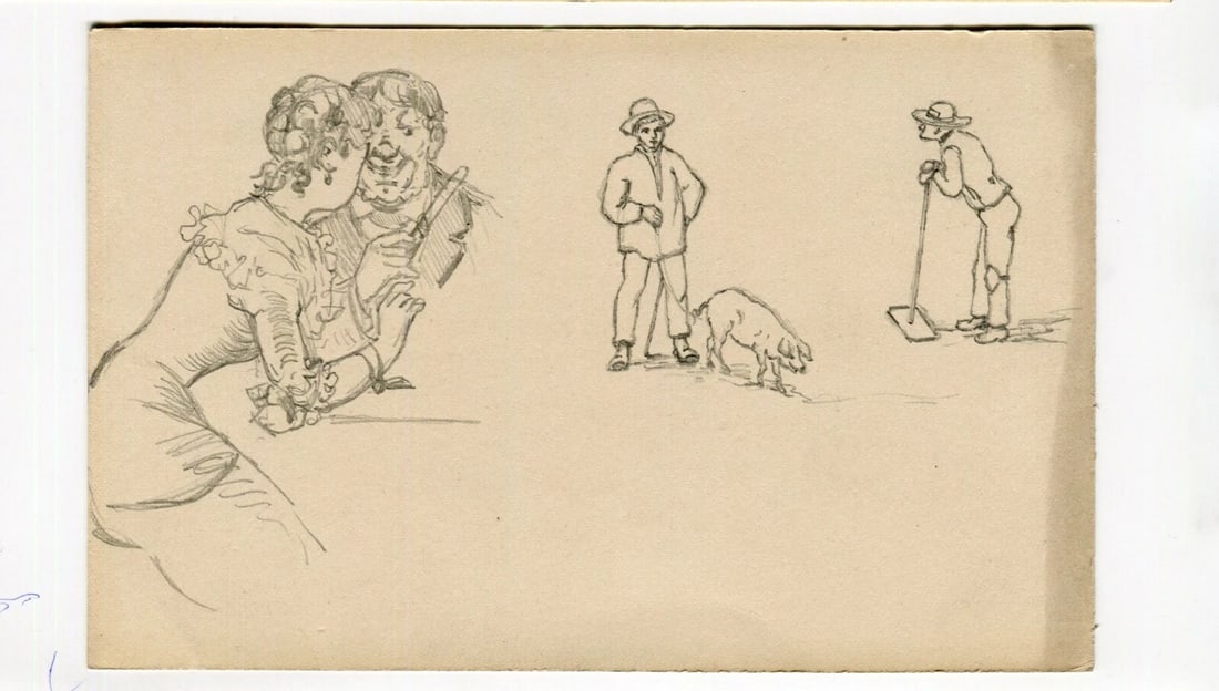 Couple Portrait, Man with Pig - Drawing Vintage Pencil Original - 2