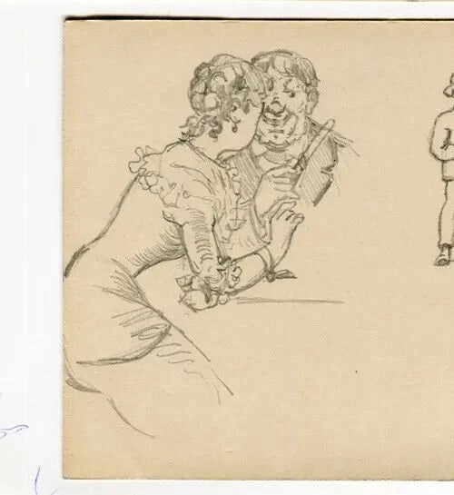 Couple Portrait, Man with Pig - Drawing Vintage Pencil Original - 3