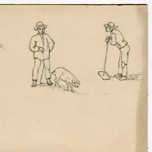 Couple Portrait, Man with Pig - Drawing Vintage Pencil Original - 5