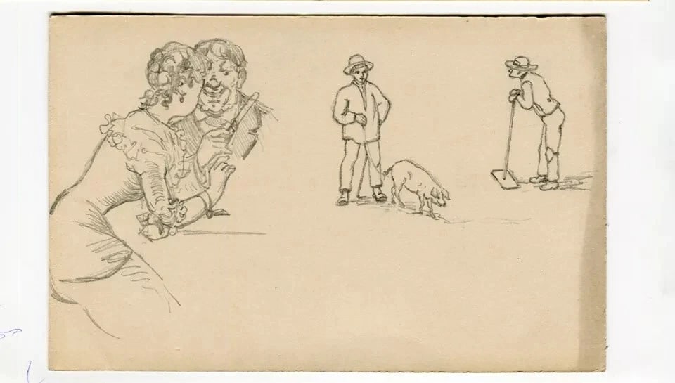Couple Portrait, Man with Pig - Drawing Vintage Pencil Original - 6