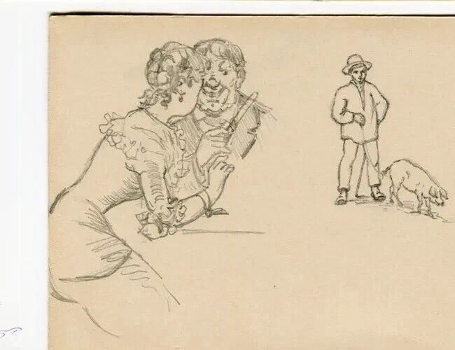 Couple Portrait, Man with Pig - Drawing Vintage Pencil Original - 7