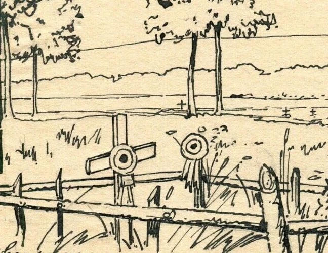 Champenoux Cemetery Landscape - Drawing Vintage Ink Original Artwork - 3