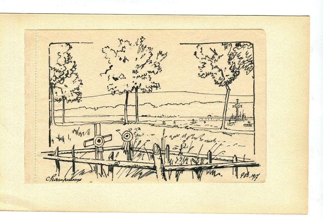 Champenoux Cemetery Landscape - Drawing Vintage Ink Original Artwork - 4