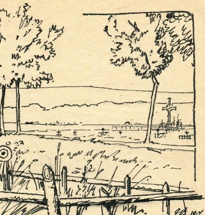 Champenoux Cemetery Landscape - Drawing Vintage Ink Original Artwork - 5