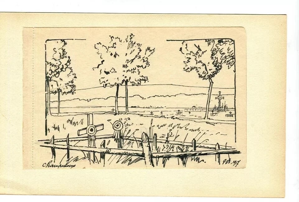 Champenoux Cemetery Landscape - Drawing Vintage Ink Original Artwork - 8