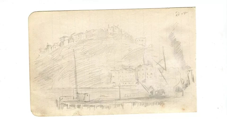 Boat, Village, Landscape - Drawing Vintage Pencil Original Artwork - 2