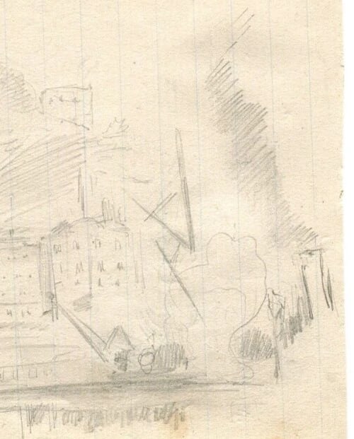 Boat, Village, Landscape - Drawing Vintage Pencil Original Artwork - 5