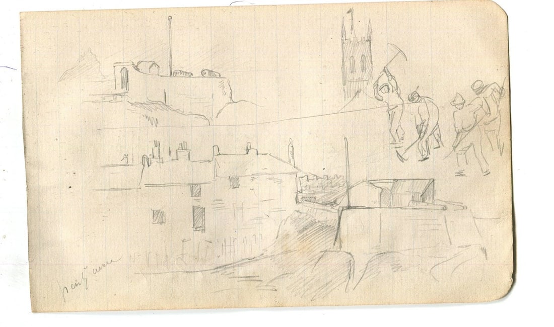 People, Buildings, Workers in the City - Drawing Vintage Pencil Original - 2