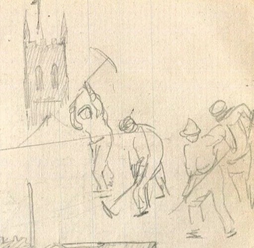 People, Buildings, Workers in the City - Drawing Vintage Pencil Original - 3