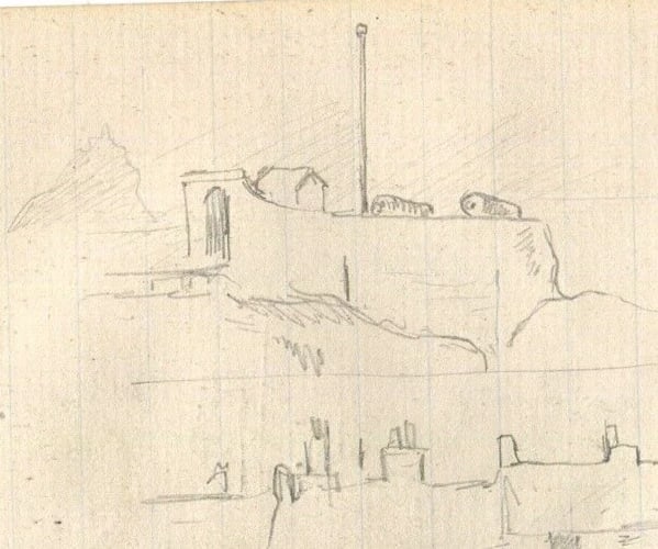 People, Buildings, Workers in the City - Drawing Vintage Pencil Original - 5