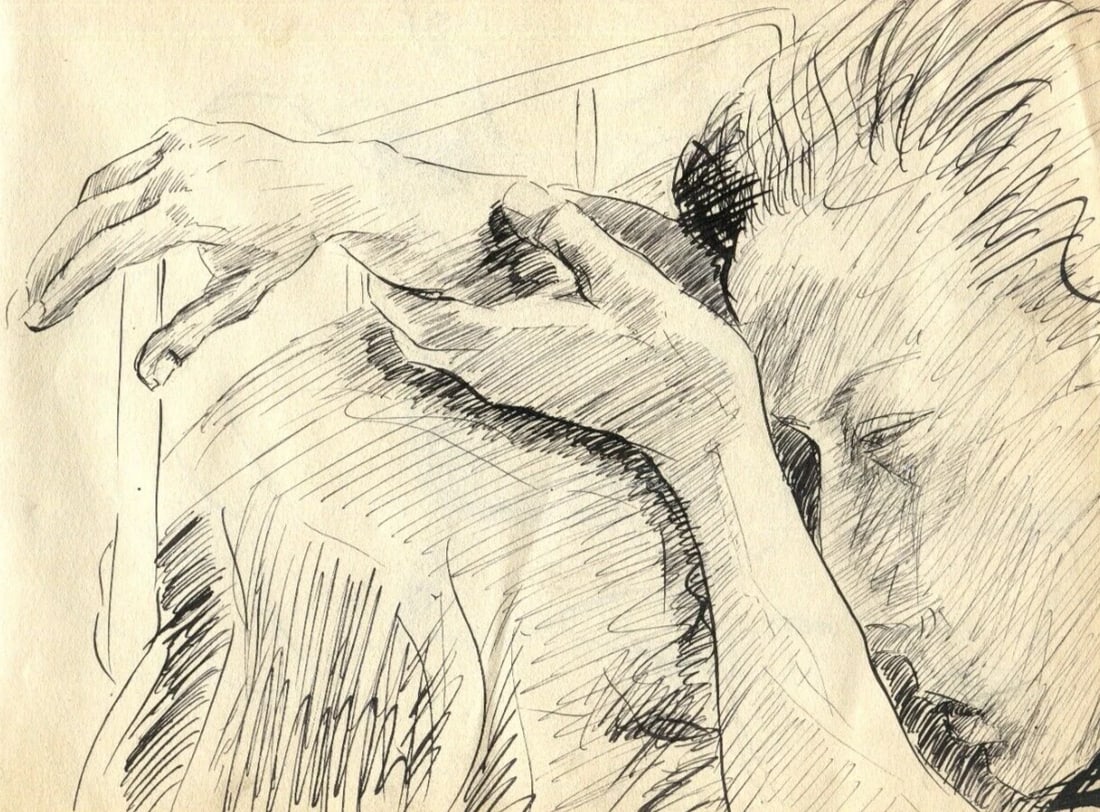 Vintage Ink Original Drawing Man Portrait, Sleeping, Arms: Title: Vintage Ink Original Drawing Man Portrait, Sleeping, Arms Description: Vintage Ink Drawing Man Sleeping, Arms Ink on paper (both sided) 18 x 23 cm folds, stains Reserve: $40.00 Shipping: