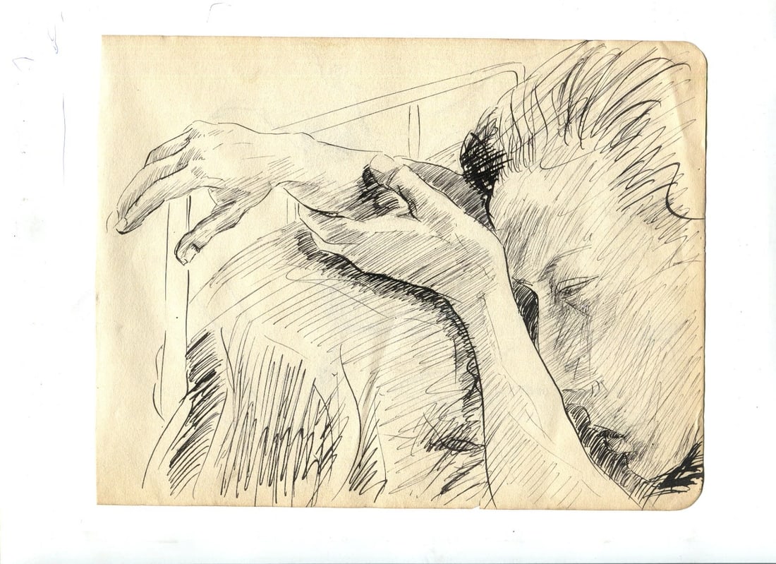 Vintage Ink Original Drawing Man Portrait, Sleeping, Arms - 2