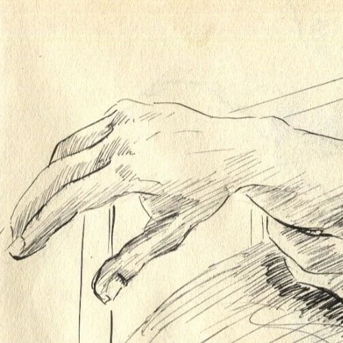 Vintage Ink Original Drawing Man Portrait, Sleeping, Arms - 3