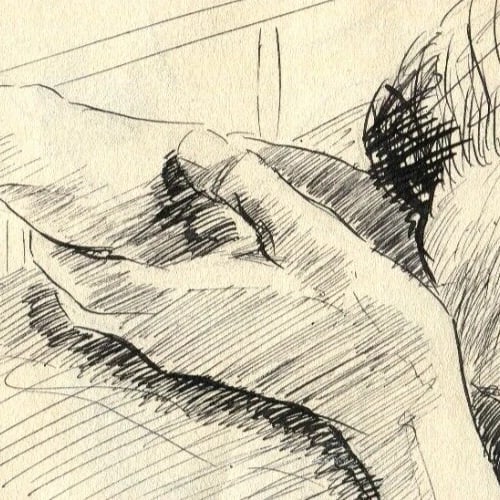 Vintage Ink Original Drawing Man Portrait, Sleeping, Arms - 4