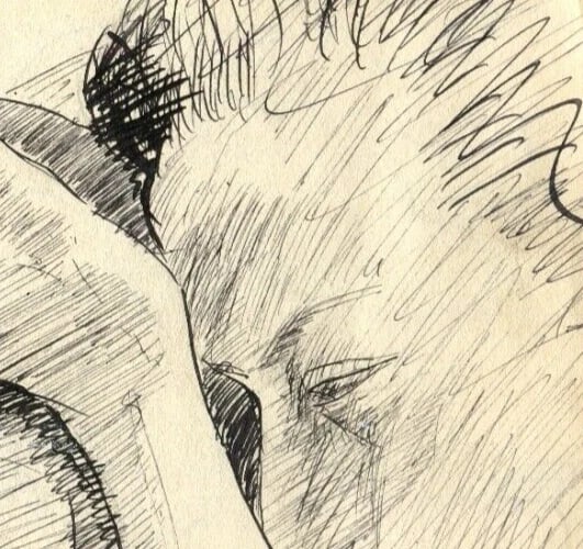 Vintage Ink Original Drawing Man Portrait, Sleeping, Arms - 6