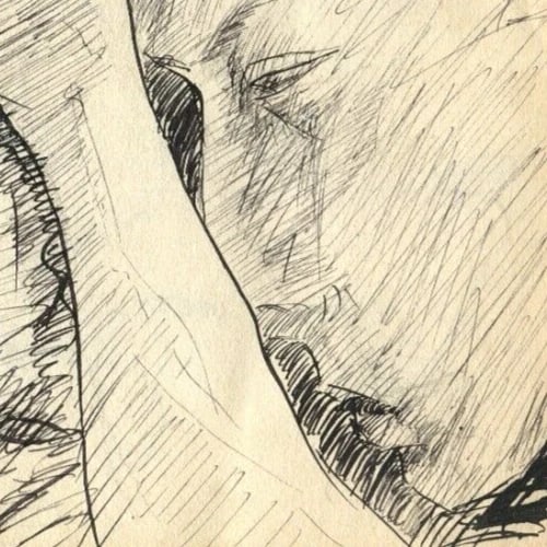 Vintage Ink Original Drawing Man Portrait, Sleeping, Arms - 7