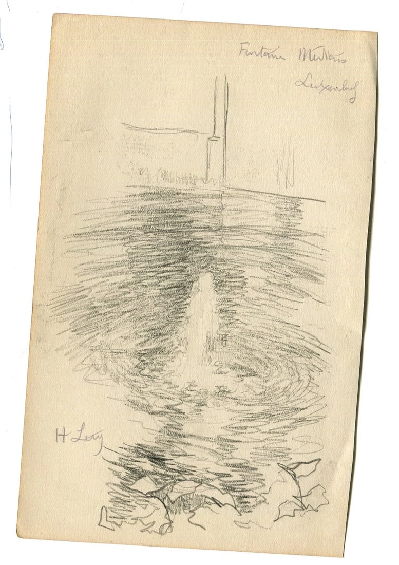 Antique Pencil Drawing Original Signed Landscape Luxembourg Fountain signed - 2