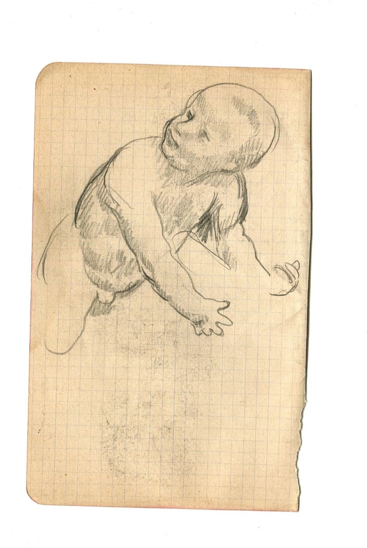 Vintage Pencil Original Drawing Baby Portrait Sketch - 6