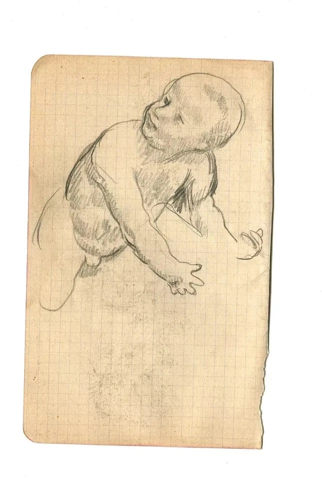 Vintage Pencil Original Drawing Baby Portrait Sketch - 8